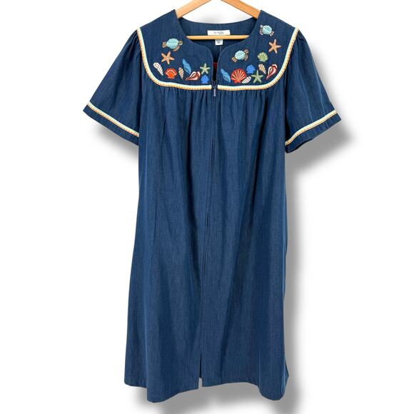 Go Softly Denim Embroidered Turtle Shell Patio Dress Sz Large Sea Life Full Zip - Picture 1 of 10